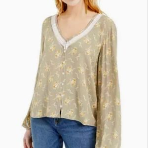 Hippie Rose Floral Print Button Down Blouse V-Neck Size XL  (NWT)